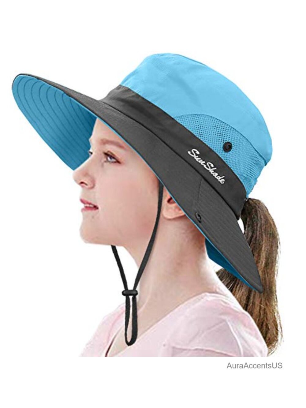 Kids Ponytail Sun Hat Wide Brim UV Protection Girls Beach Bucket Cap